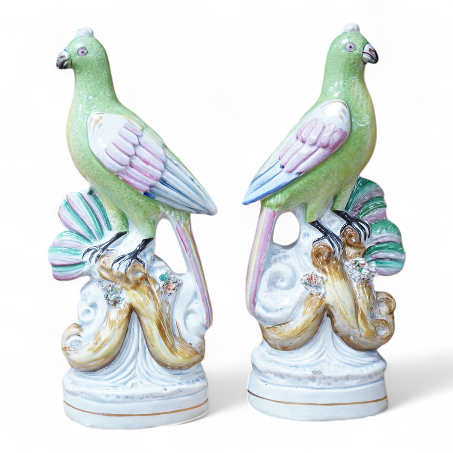 A pair of early 19th century pearlware parrots, ex John Howard, 24cm high